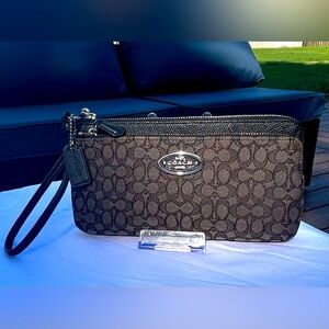 Coach Signature Black Smoke Double Zippered Wristlet/ Long Wallet With Hang Tag